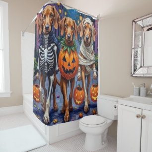Vizsla-Hunde beim Trick-or-Treat in Halloween-Kost Duschvorhang