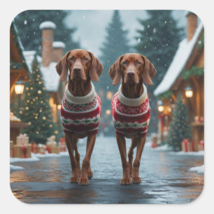 Vizsla Hunde Weihnachten Schnee Feiertag Quadratischer Aufkleber