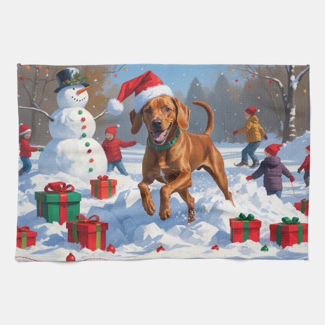 Vizsla läuft in Snow mit Weihnachtshut Geschirrtuch (Horizontal)
