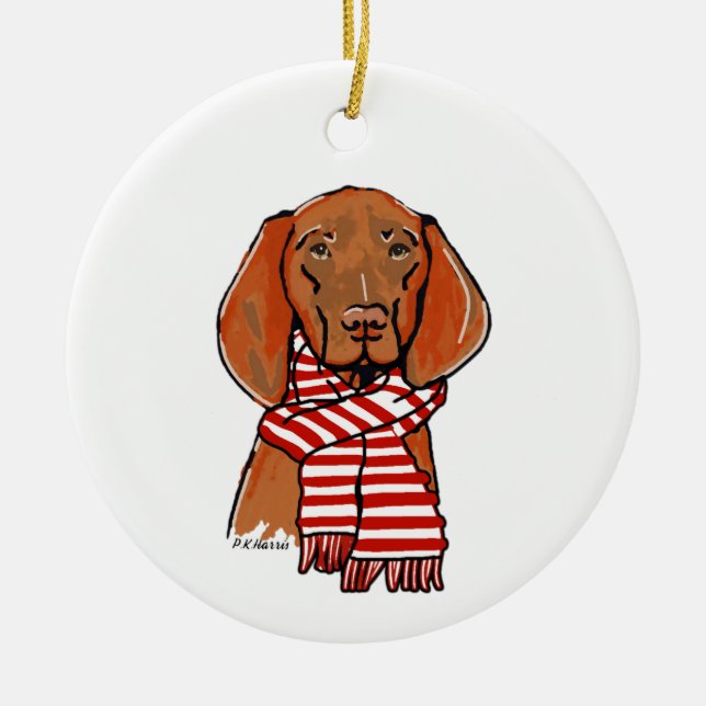 Vizsla mit einem roten und weißen Schal Keramik Ornament (Vorne)