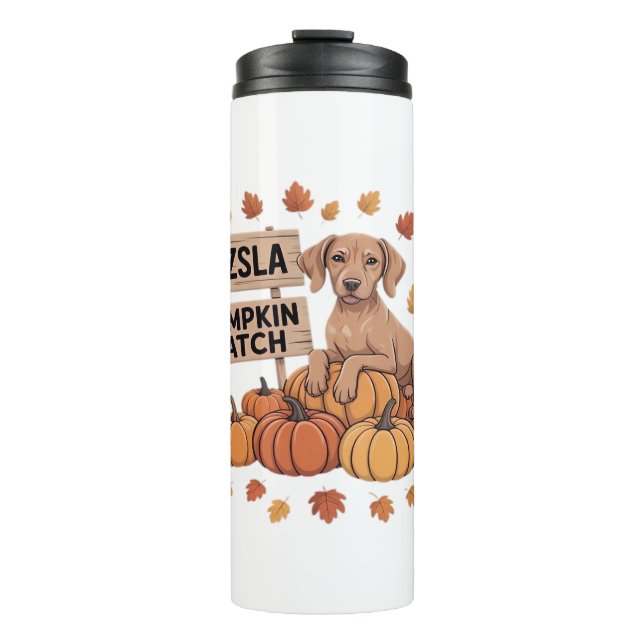 Vizsla Pumpkin Patch Dog Lovers Erntedank Hallo Thermosbecher (Vorderseite)