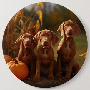 Vizsla Puppy Autumn Delight Pumpkin Button