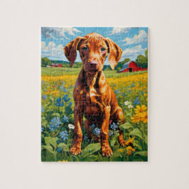 Vizsla Puppy im Bereich der Wildblume von Größen