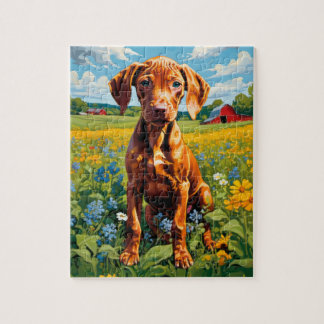 Vizsla Puppy im Bereich der Wildblume von Größen