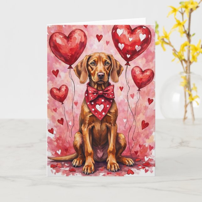 Vizsla Valentine Dog Sitting with Hearts Red Karte (Gelbe Blume)