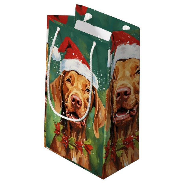 Vizsla Weihnachtsmalerei Kleine Geschenktüte (Rückseite Schrägansicht)