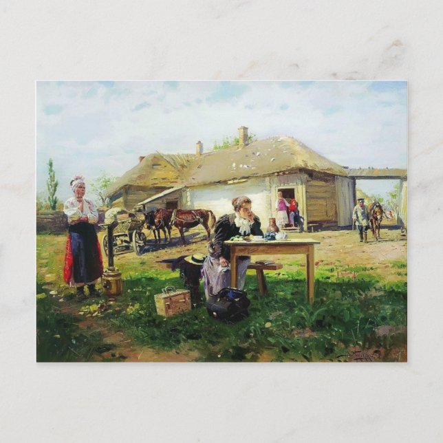 Vladimir Makovsky - Ankunft einer Schulmeisterin Postkarte (Vorderseite)