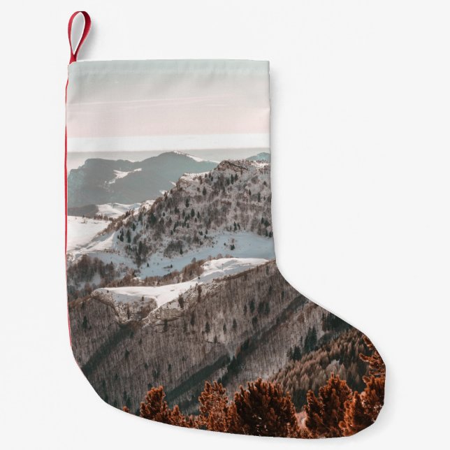 VOD-AUGEN-ANSICHT DES SCHNEES ÜBERDECKTER BERG UNT KLEINER WEIHNACHTSSTRUMPF (Vorderseite)