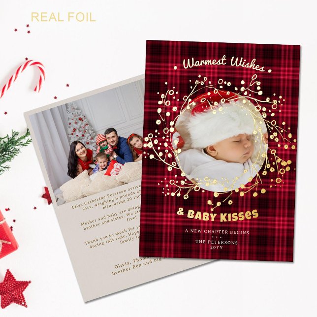 Vœux Baisers Annonce de bébé à carreaux rouges con (rustic red plaid whimsical gold wreath baby announcement family christmas card two photos rustic)
