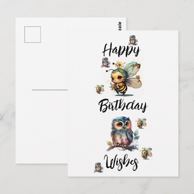 Vœux d'anniversaire Chouettes et Abeilles |  Carte (Devant / Derrière)