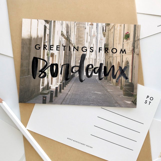 Voeux de Bordeaux France Carte postale Voyages (Greetings from Bordeaux watercolor letters over photography travel postcard.)
