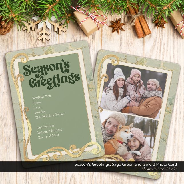 Vœux de la saison Carte photo 2 vert sauge et or (Season's Greetings, Sage Green and Gold Holiday Two (2) Photo Greeting Card)