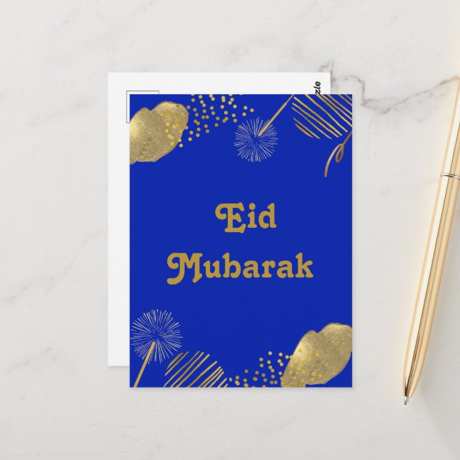 Voeux d'or : Carte Eid Moubarak Bleu et Or 2024 (Devant/Arrière en situation)