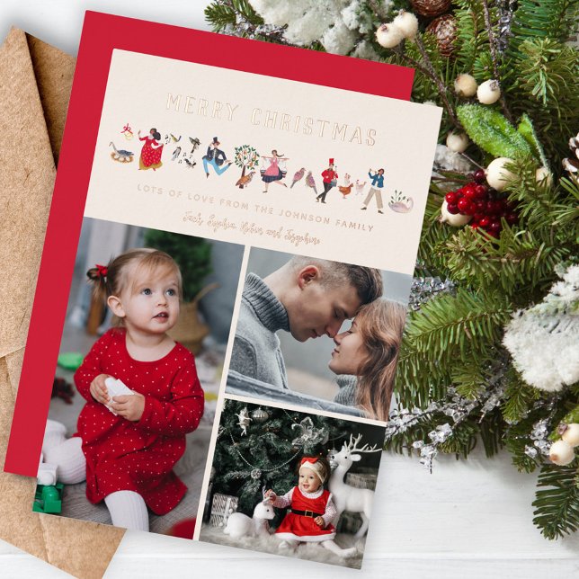 Vœux En Aluminium Carte de Noël écru photo 12 Jours de Noël (Foil 12 days of Christmas photo collage holiday greeting card.)