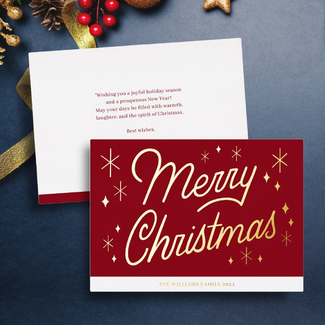 Vœux En Aluminium Carte de Noël Red Script Gold Foil (Merry Christmas Script Lettering in Gold Foil, red background, custom message. Holiday Card.)