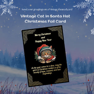 Vœux En Aluminium Chat vintage à Santa Hat Carte d'huile de Noël