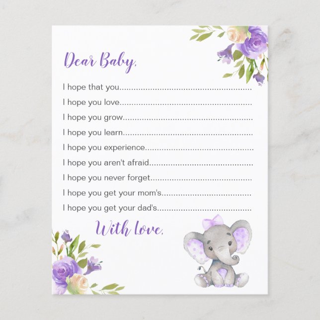 Voeux pour Cartes Bébé Purple Girl Elephant Douche (Devant)