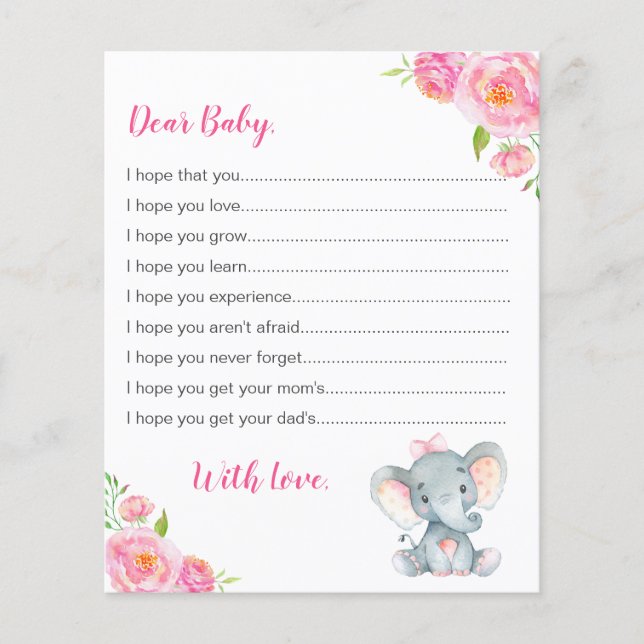 Voeux pour les cartes pour bébés Pink Girl Elephan (Devant)