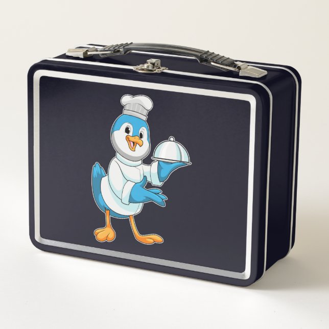 Vogel als Koch mit Platter Metall Brotdose (Vorderseite)