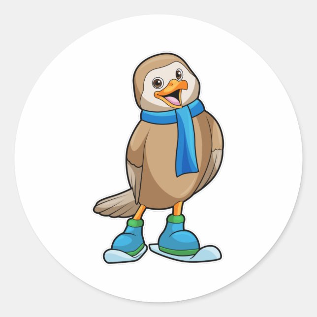 Vogel als Skifahrer mit Ski & Scarf Runder Aufkleber (Vorderseite)
