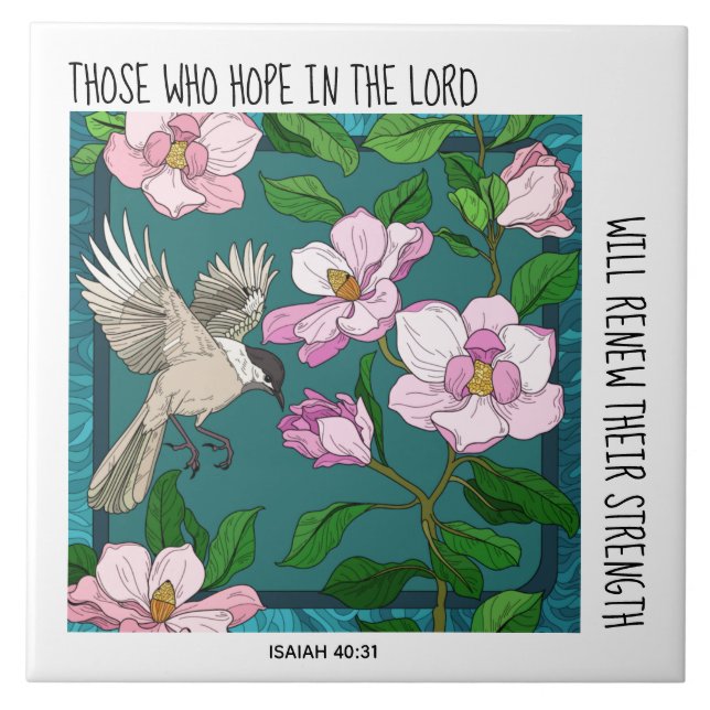 Vogel auf Blume, Gedicht von Isaiah 40:31 Fliese (Vorderseite)