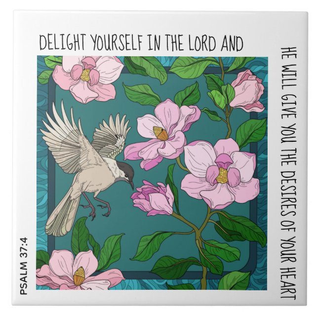 Vogel auf Blume: Vers von Psalm 37:4 Keramik Tile Fliese (Vorderseite)