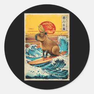 Vogel auf Capyra surft Greatwave Anime Kawaii Japa Runder Aufkleber