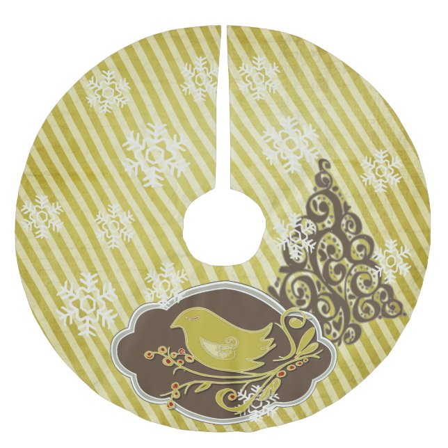 Vogel auf dem Olive Stripe Holiday Tree Rock Polyester Weihnachtsbaumdecke (Vorderseite)