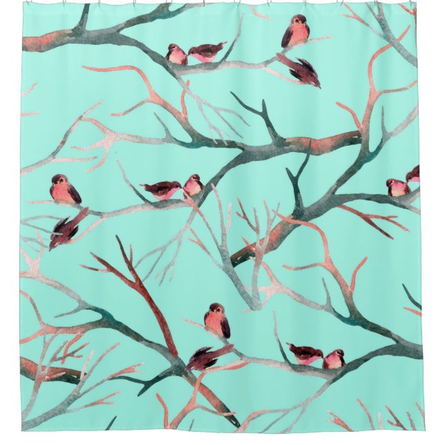 Vögel auf den Baumzweigen Aquarellmalerei Duschvorhang (Vorderseite)