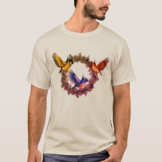 Vögel auf der Blume Natur Kunst T-Shirt (Vorderseite)