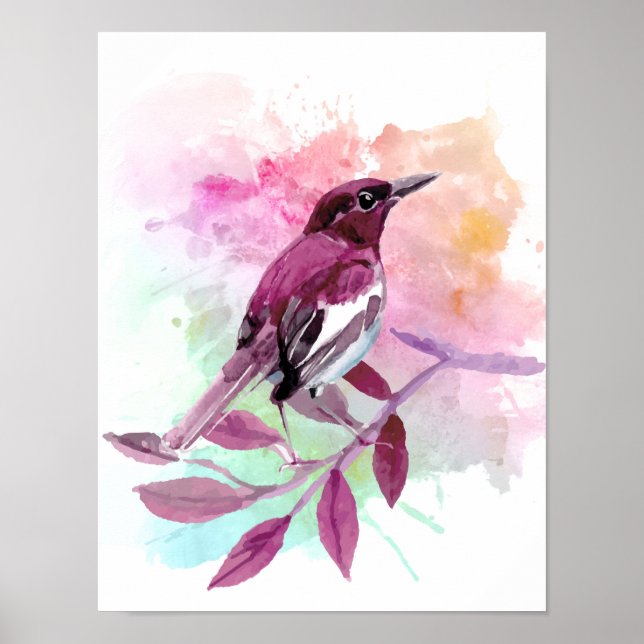 Vogel auf einem Ast-Aquarell-Naturplakat Poster (Vorne)