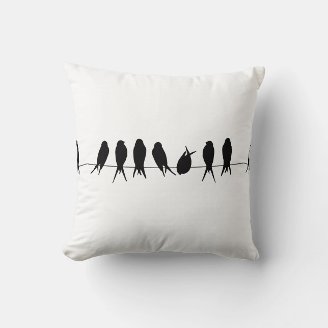 Vögel auf einem Draht-schwarzen u. weißen Kissen (Vorderseite)