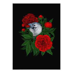Vogel auf einem roten Pfingstrosenstrauß Fotodruck
