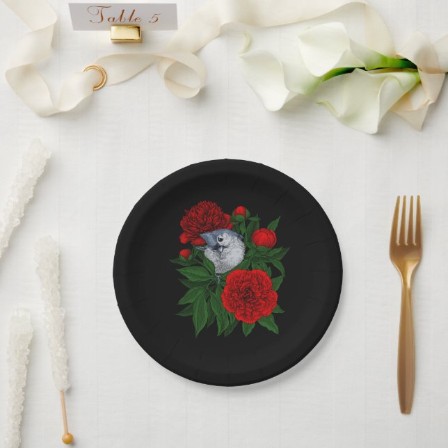 Vogel auf einem roten Tornadenstaub Pappteller (Hochzeit)