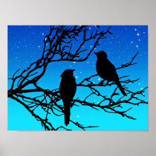 Vögel auf einem Zweig, Schwarz gegen Abend Blau Poster
