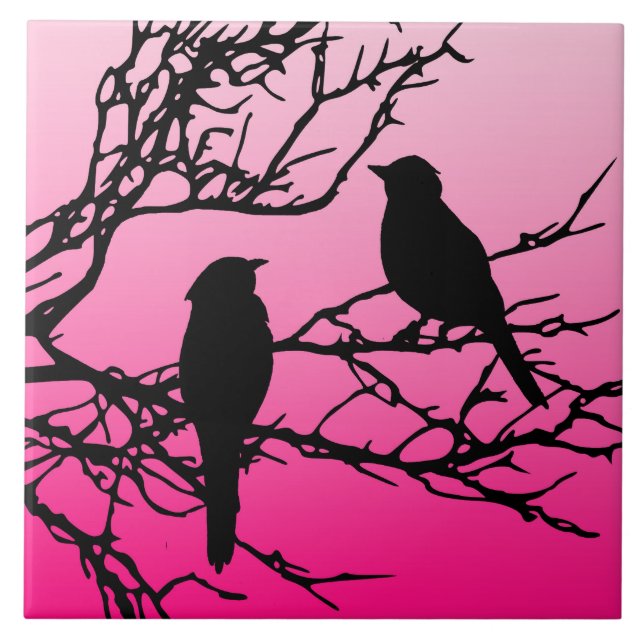 Vögel auf einem Zweig, schwarz gegen Morgenrot Fliese (Vorderseite)
