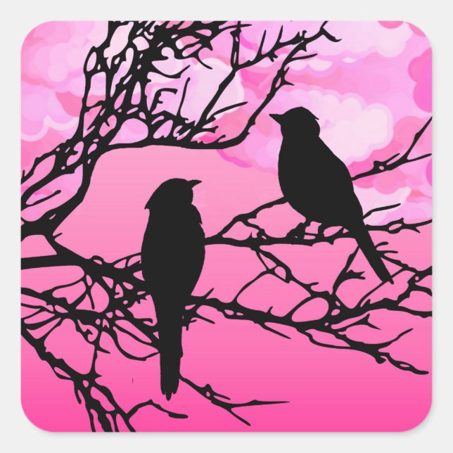 Vögel auf einem Zweig, schwarz gegen Morgenrot Quadratischer Aufkleber (Vorderseite)