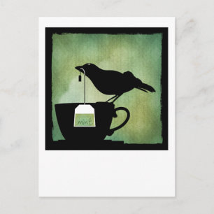 Vogel auf einer Postkarte mit Teetasse