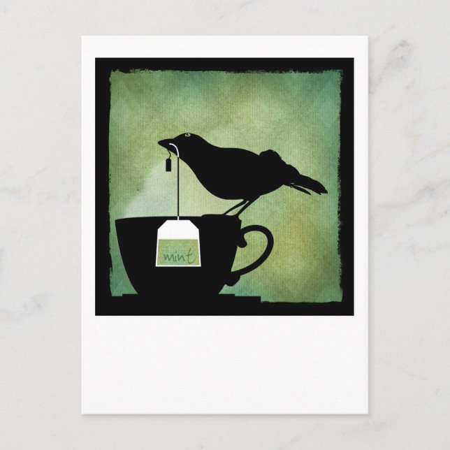 Vogel auf einer Postkarte mit Teetasse (Vorderseite)