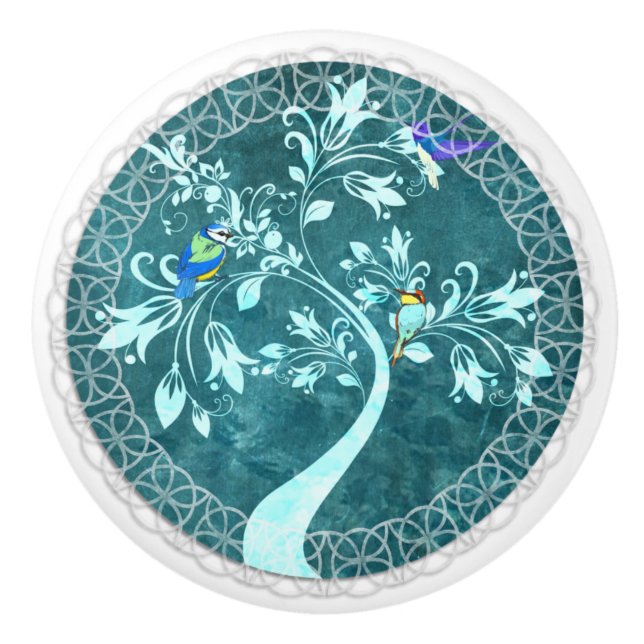 Vögel auf einer zweigen Blauen Keramik Pull Keramikknauf (Vorderseite)