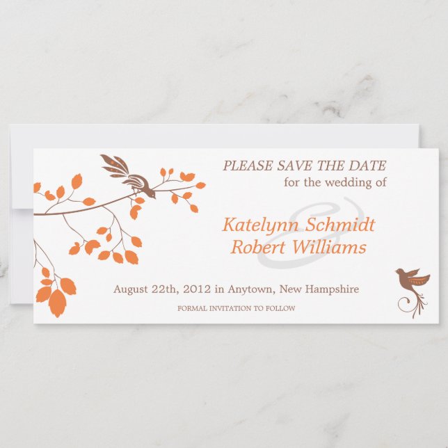 Vögel auf einer Zweigstelle Orange & Brown Save th Save The Date (Vorderseite)