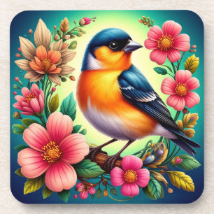 Vogel auf farbenfrohen Blumen sitzend Getränkeuntersetzer