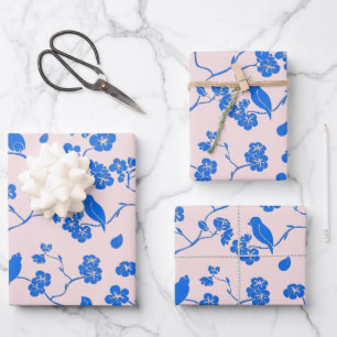 Vögel auf Kirschblüten Blau auf Rosafarben Geschenkpapier Set
