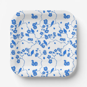 Vögel auf Kirschblüten Blaudruck Pappteller