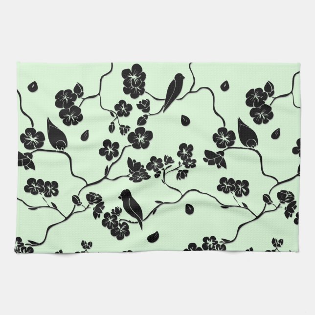 Vögel auf Kirschblüten Schwarz auf Minzgrün Geschirrtuch (Horizontal)