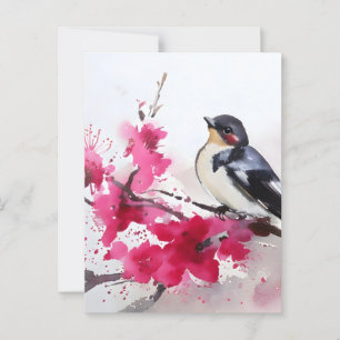 Vogel auf Kirschzweig mit Blüte, Farbe Postkarte