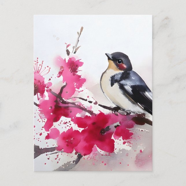 Vogel auf Kirschzweig mit Blüte, Farbe Postkarte (Vorderseite)