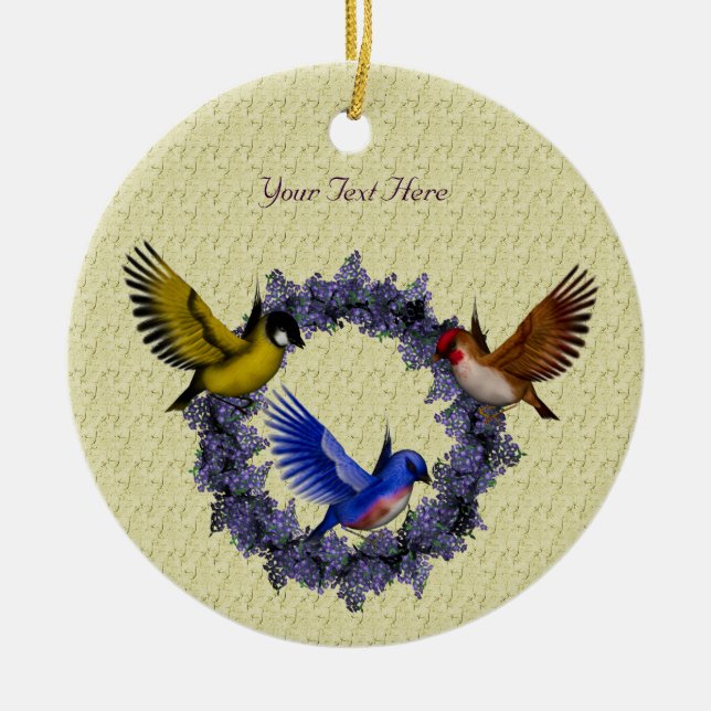 Vögel auf Lila Blumenzauber Keramikornament (Vorne)