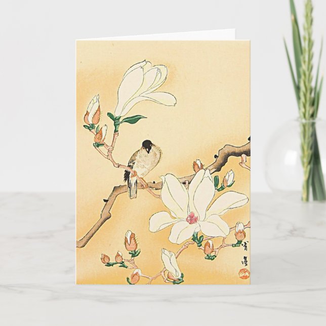 Vogel auf Magnolia Tree Japanischer Holzblock Prin Karte (Vorderseite)