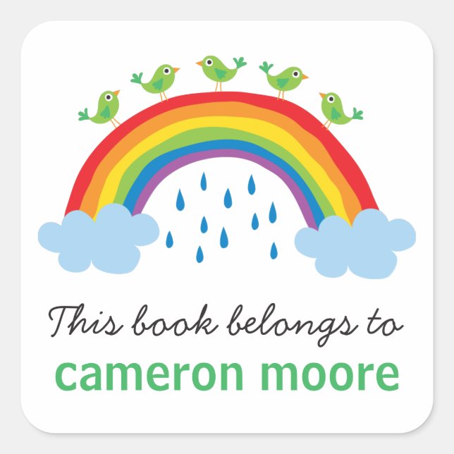 Vögel auf Regenbogen personalisiertes Buchzeichen Quadratischer Aufkleber (Vorderseite)